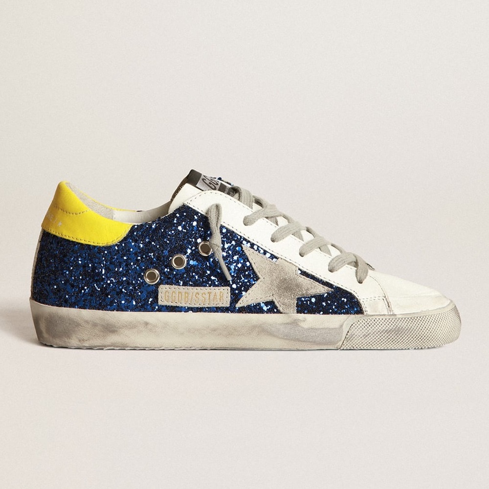 Super-Star sneakers with blue glitter and yellow heel tab